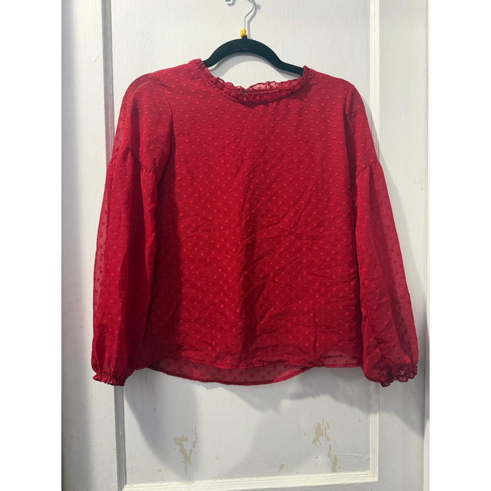 Wonder Nation Red Swiss Dot Long Sleeve Top Ruffle Neck Blouse Kids Large 10-12
